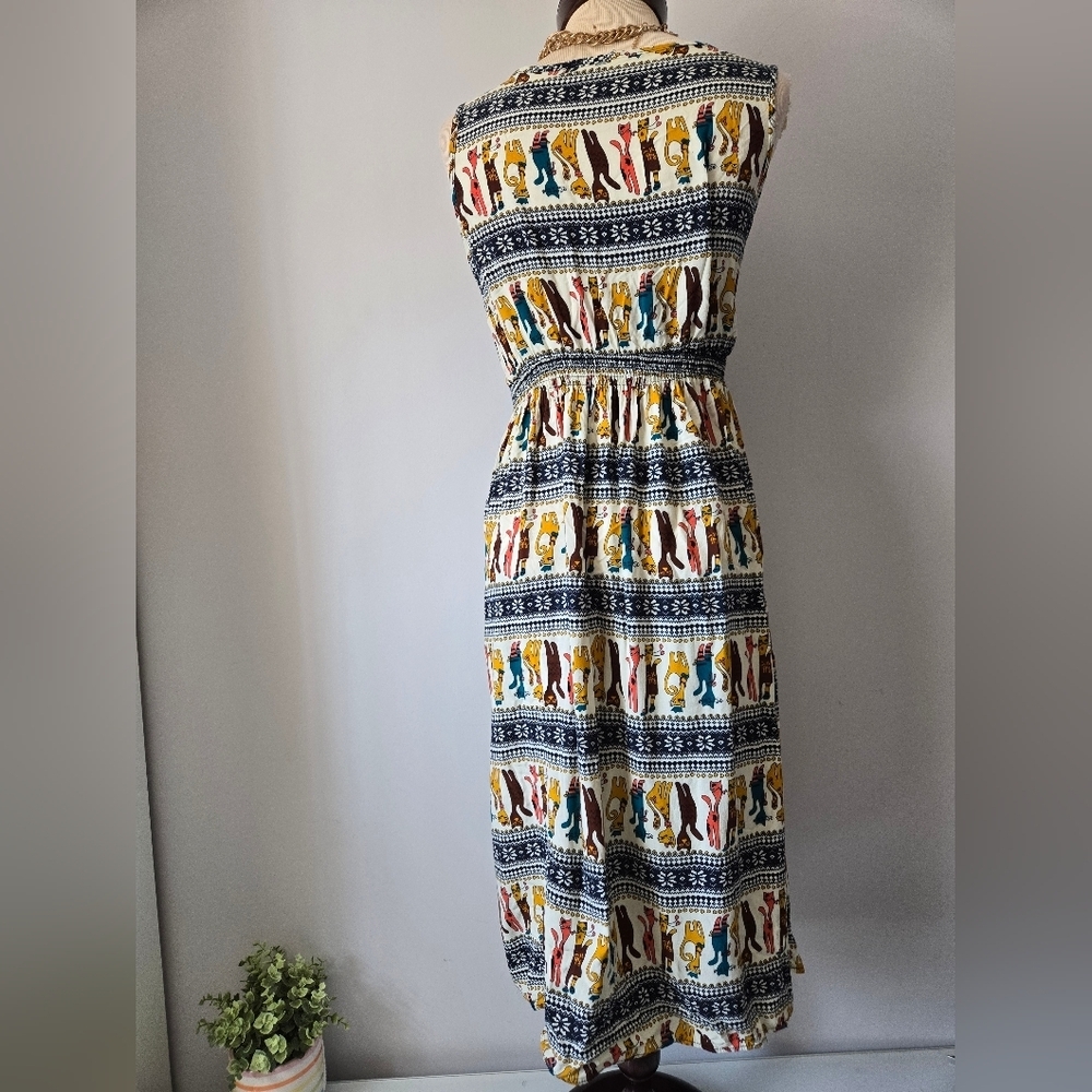 BEAUTY Cartoon Cat Patterned Lightweight Multicolor Sleeveless Midi Dress. Small - Picture 6 of 10